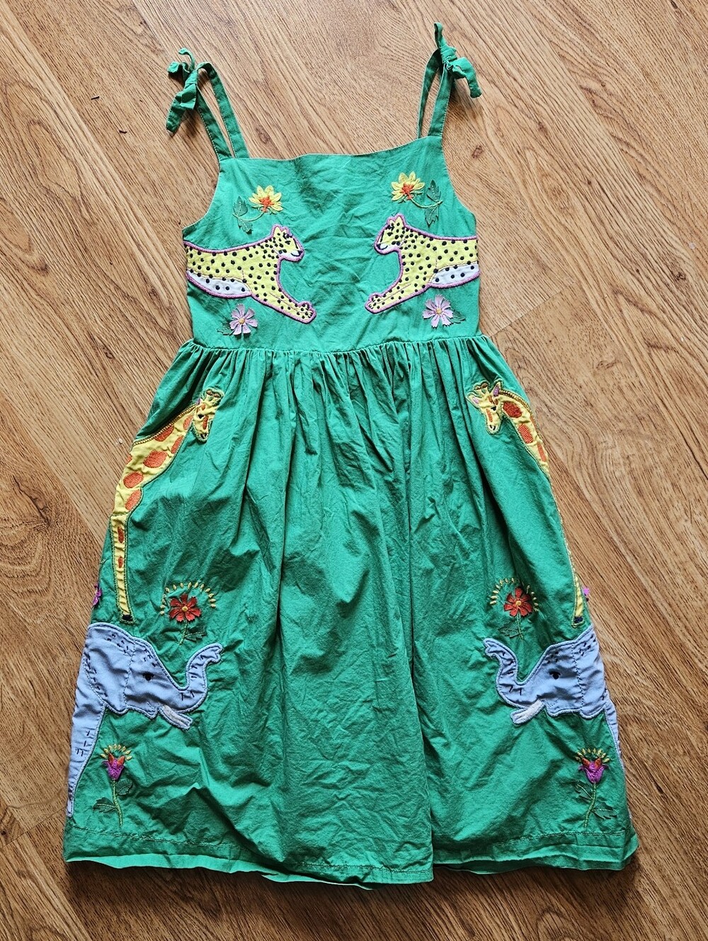 MINI BODEN Kids' Appliqué Cotton Dress Sapling Green Safari Animals